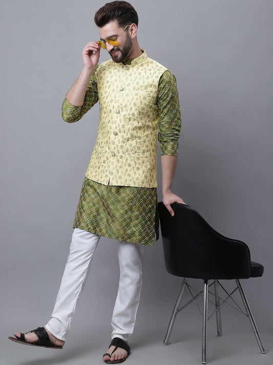 Men’s Embroidered Thread Work Kurta Set with Pyjamas & Nehru Jacket – Refined Traditional Ensemble