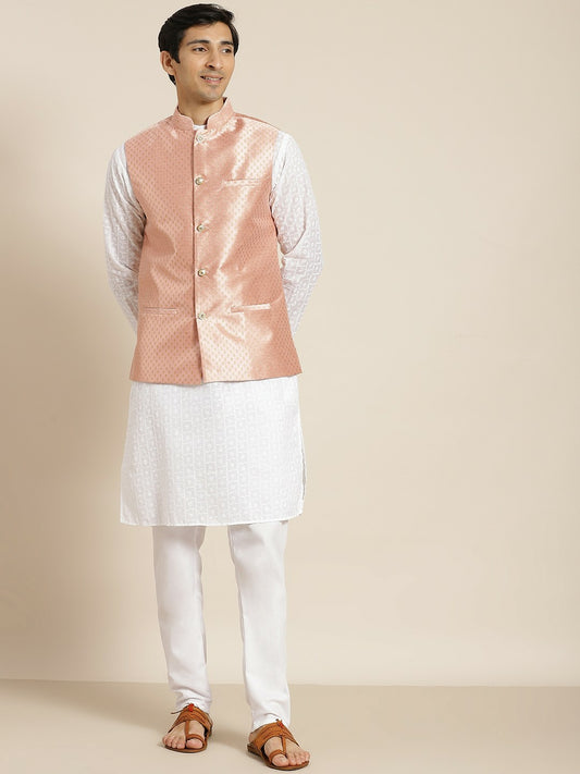 Men’s White Chikankari Cotton Kurta Set with Churidar & Nehru Jacket – Timeless Elegance