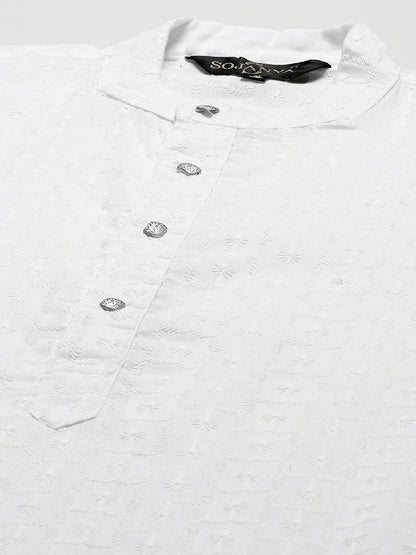 Men’s White Chikankari Cotton Kurta Set with Churidar & Nehru Jacket – Timeless Elegance