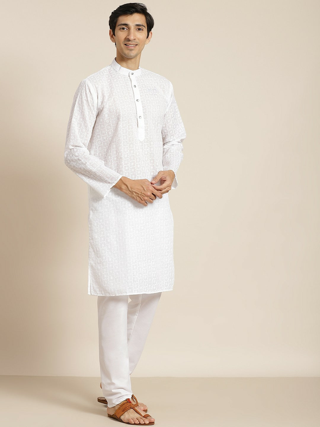 Men’s White Chikankari Cotton Kurta Set with Churidar & Nehru Jacket – Timeless Elegance