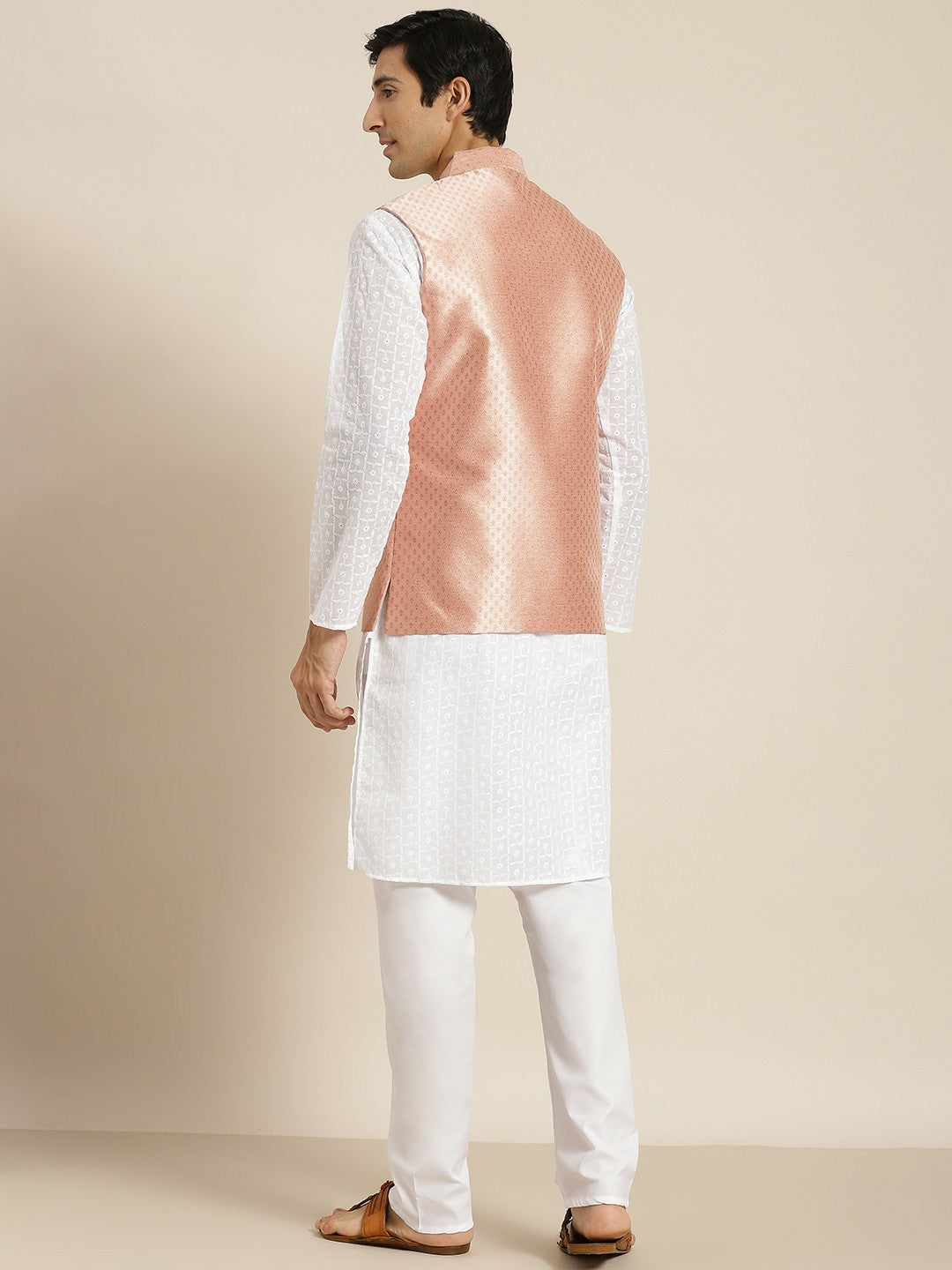 Men’s White Chikankari Cotton Kurta Set with Churidar & Nehru Jacket – Timeless Elegance