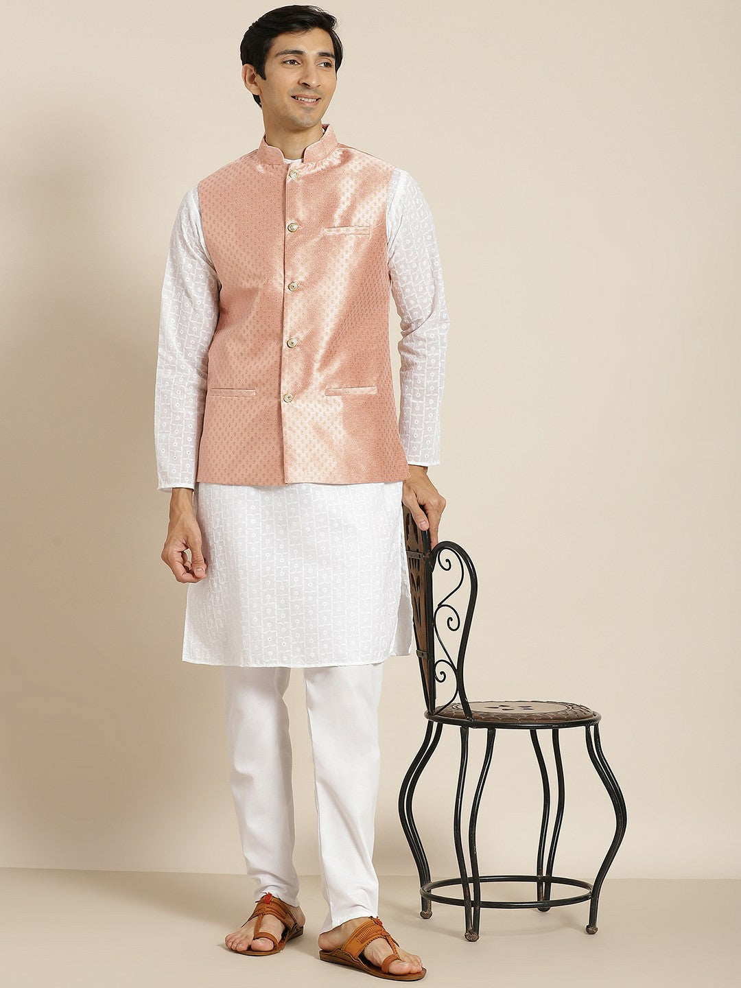 Men’s White Chikankari Cotton Kurta Set with Churidar & Nehru Jacket – Timeless Elegance