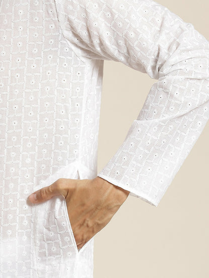 Men’s White Chikankari Cotton Kurta Set with Churidar & Nehru Jacket – Timeless Elegance
