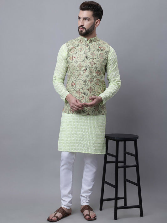 Men’s Ethnic Motifs Embroidered Cotton Kurta Set with Pyjamas & Nehru Jacket – Classic Festive Attire