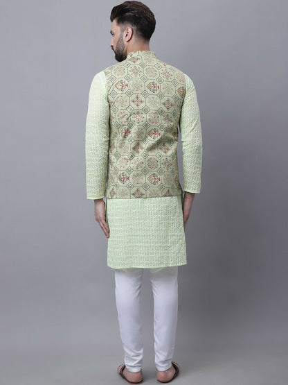 Men’s Ethnic Motifs Embroidered Cotton Kurta Set with Pyjamas & Nehru Jacket – Classic Festive Attire