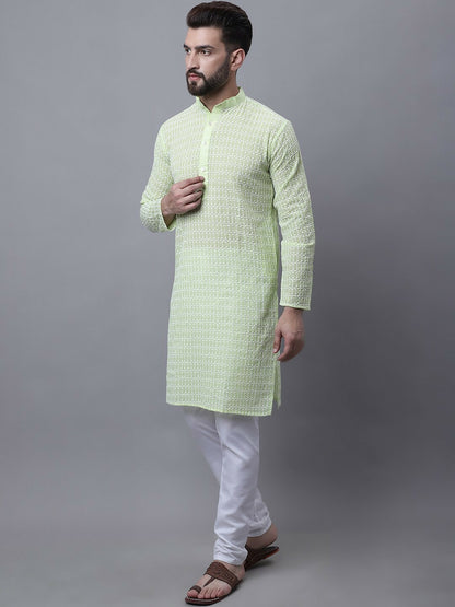 Men’s Ethnic Motifs Embroidered Cotton Kurta Set with Pyjamas & Nehru Jacket – Classic Festive Attire