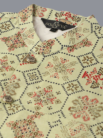 Men’s Ethnic Motifs Embroidered Cotton Kurta Set with Pyjamas & Nehru Jacket – Classic Festive Attire
