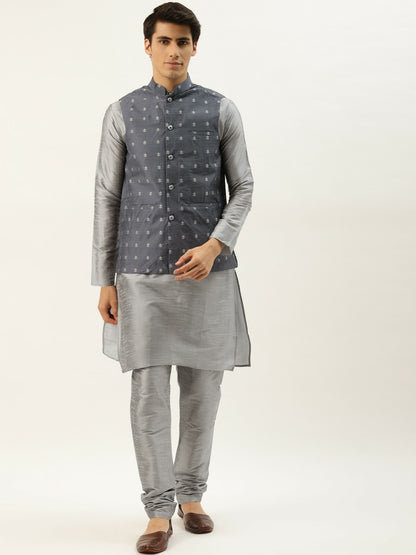 Men’s Grey Kurta Set with Churidar & Nehru Jacket – Sophisticated Traditional Ensemble