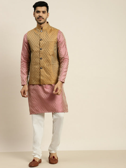 Graceful Pink Festive Kurta Set for Men with Cotton Pyjamas & Textured Jacket | Indiaista