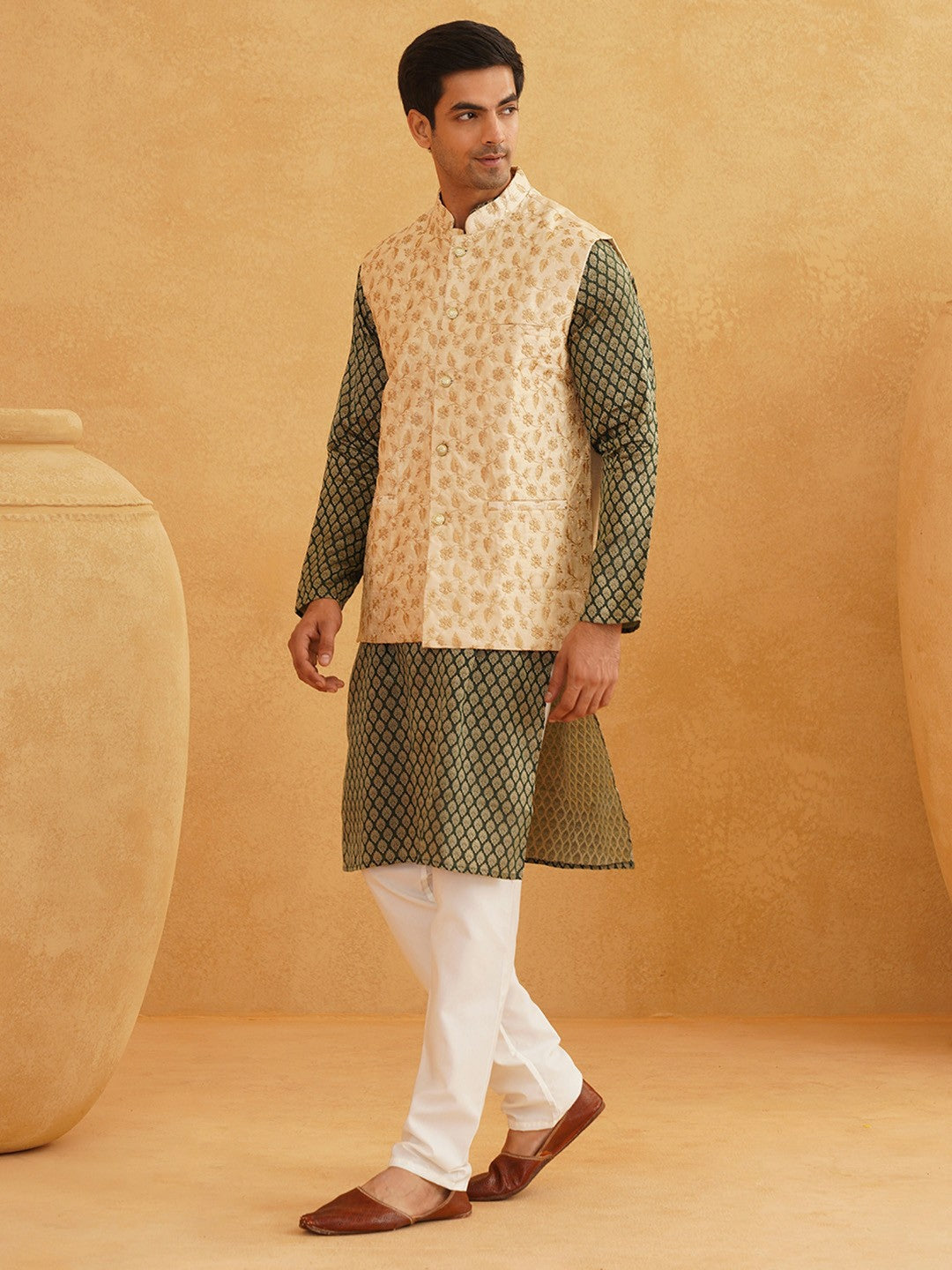 Men's Green Silk Blend Kurta Set with Churidar & Nehru Jacket – Traditional Elegance for Festive Occasions | Indiaista
