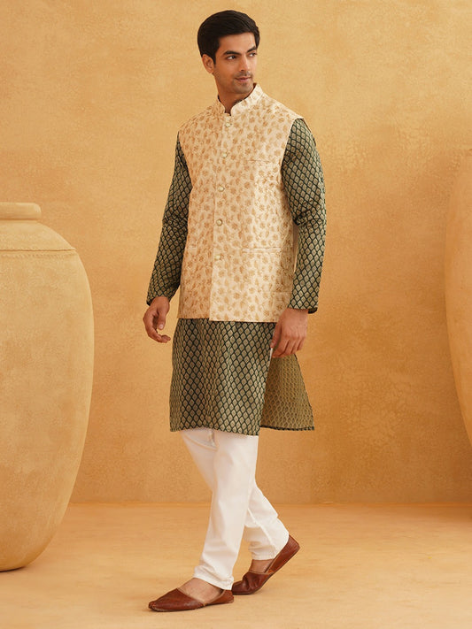 Men's Green Silk Blend Kurta Set with Churidar & Nehru Jacket – Traditional Elegance for Festive Occasions | Indiaista