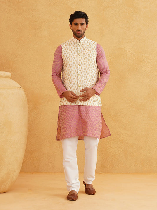 Men’s Pink Thread Work Kurta Set with Churidar – Elegant Traditional Attire