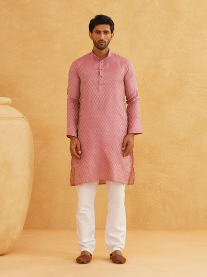 Men’s Pink Thread Work Kurta Set with Churidar – Elegant Traditional Attire