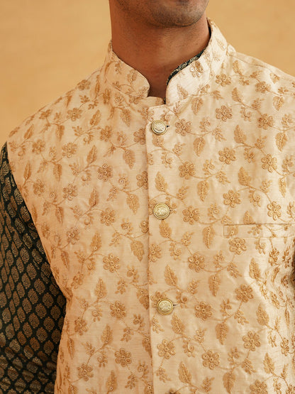 Men's Green Silk Blend Kurta Set with Churidar & Nehru Jacket – Traditional Elegance for Festive Occasions | Indiaista