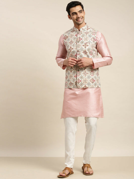 Men’s Pink Solid Kurta Set with Churidar & Nehru Jacket – Elegant Traditional Ensemble