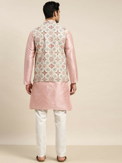 Men’s Pink Solid Kurta Set with Churidar & Nehru Jacket – Elegant Traditional Ensemble