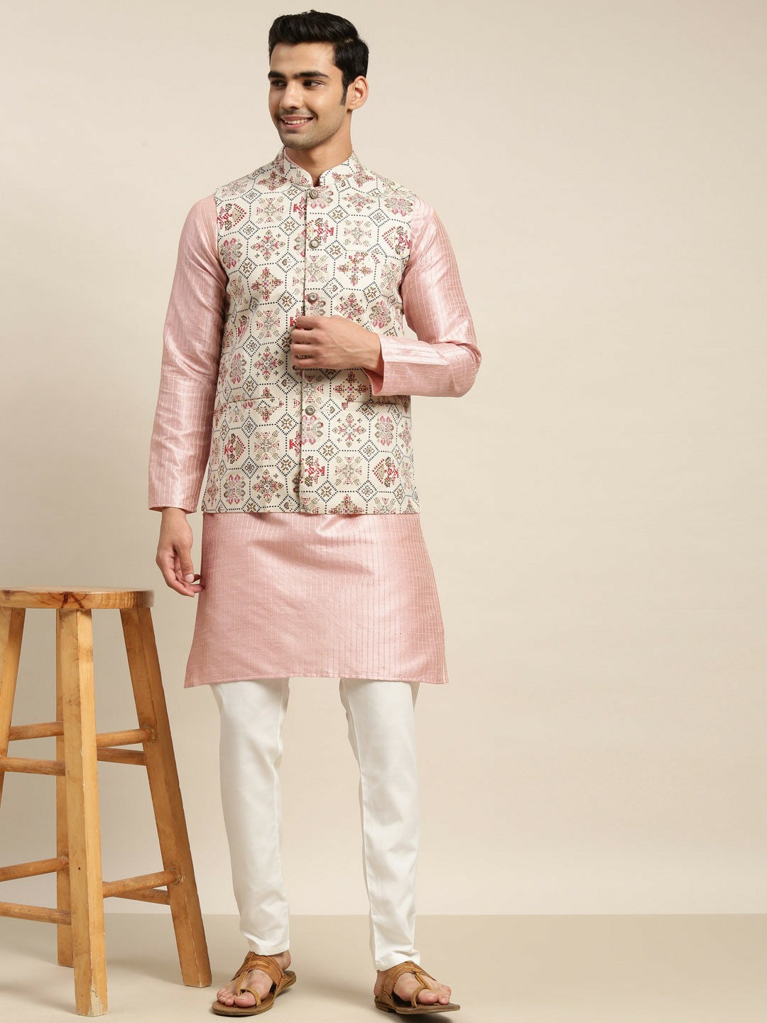 Men’s Pink Solid Kurta Set with Churidar & Nehru Jacket – Elegant Traditional Ensemble
