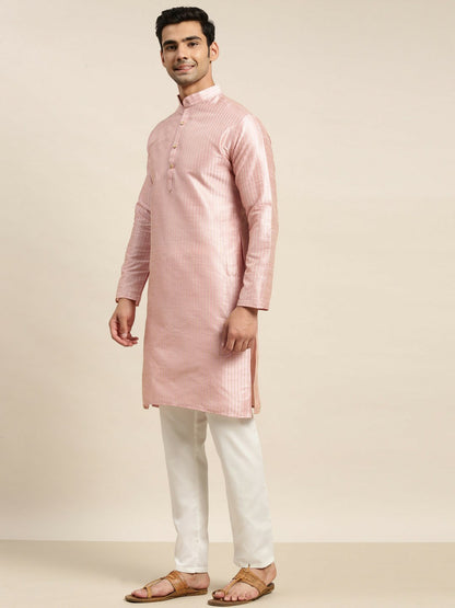 Men’s Pink Solid Kurta Set with Churidar & Nehru Jacket – Elegant Traditional Ensemble