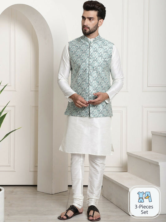 Men’s Traditional Printed Kurta Set with Nehru Jacket & Pyjamas – Festive Wear