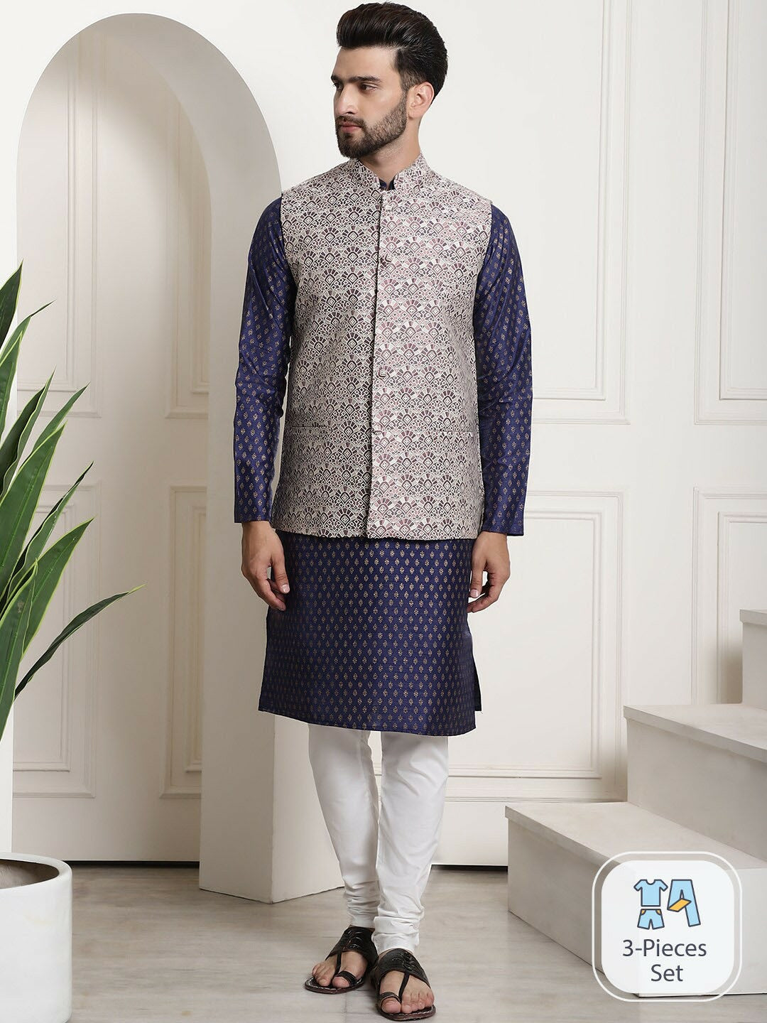 Men's Blue Silk-Cotton Kurta Set with Woven Nehru Jacket & Churidar – Festive Luxe