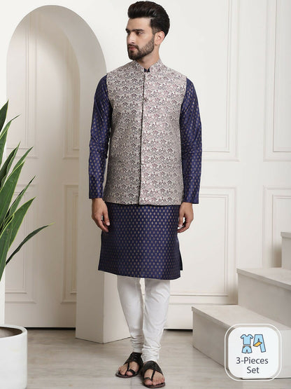 Men's Blue Silk-Cotton Kurta Set with Woven Nehru Jacket & Churidar – Festive Luxe