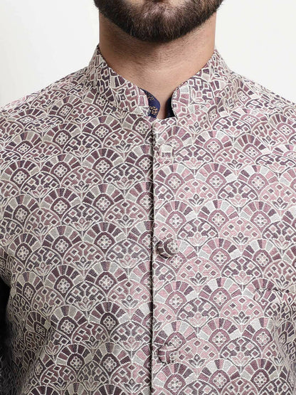 Men's Blue Silk-Cotton Kurta Set with Woven Nehru Jacket & Churidar – Festive Luxe