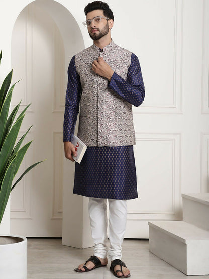Men's Blue Silk-Cotton Kurta Set with Woven Nehru Jacket & Churidar – Festive Luxe