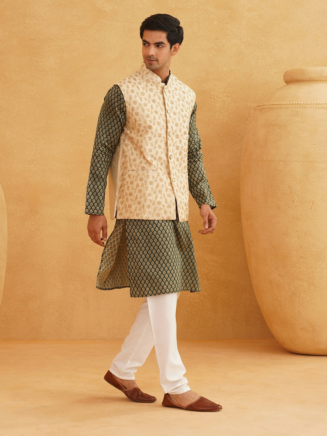 Men's Green Silk Blend Kurta Set with Churidar & Nehru Jacket – Traditional Elegance for Festive Occasions | Indiaista