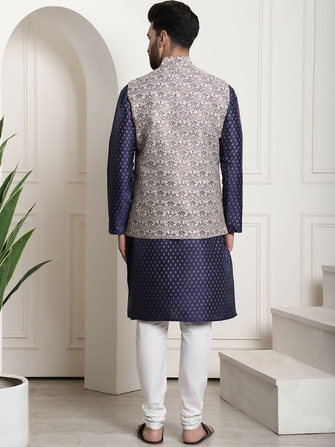 Men's Blue Silk-Cotton Kurta Set with Woven Nehru Jacket & Churidar – Festive Luxe