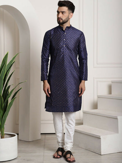 Men's Blue Silk-Cotton Kurta Set with Woven Nehru Jacket & Churidar – Festive Luxe