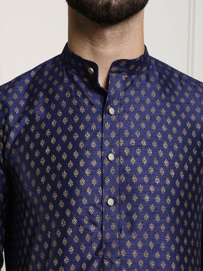 Men's Blue Silk-Cotton Kurta Set with Woven Nehru Jacket & Churidar – Festive Luxe