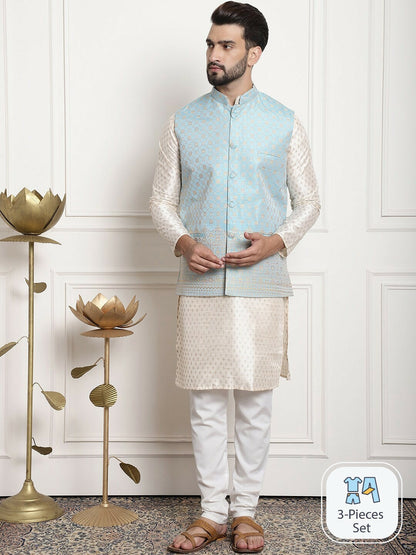 Men’s Teal Ethnic Motifs Silk Cotton Kurta Set with Churidar & Woven Nehru Jacket – Festive Ensemble