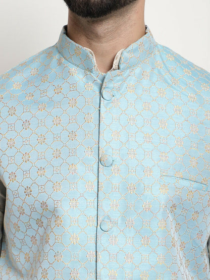 Men’s Teal Ethnic Motifs Silk Cotton Kurta Set with Churidar & Woven Nehru Jacket – Festive Ensemble