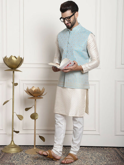 Men’s Teal Ethnic Motifs Silk Cotton Kurta Set with Churidar & Woven Nehru Jacket – Festive Ensemble