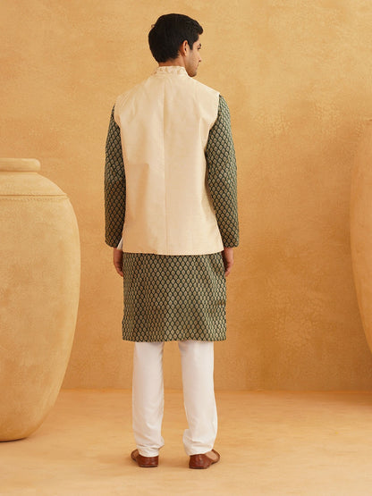 Men's Green Silk Blend Kurta Set with Churidar & Nehru Jacket – Traditional Elegance for Festive Occasions | Indiaista