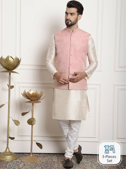 Men’s Beige Ethnic Motifs Woven Kurta Set with Churidar – Traditional Elegance