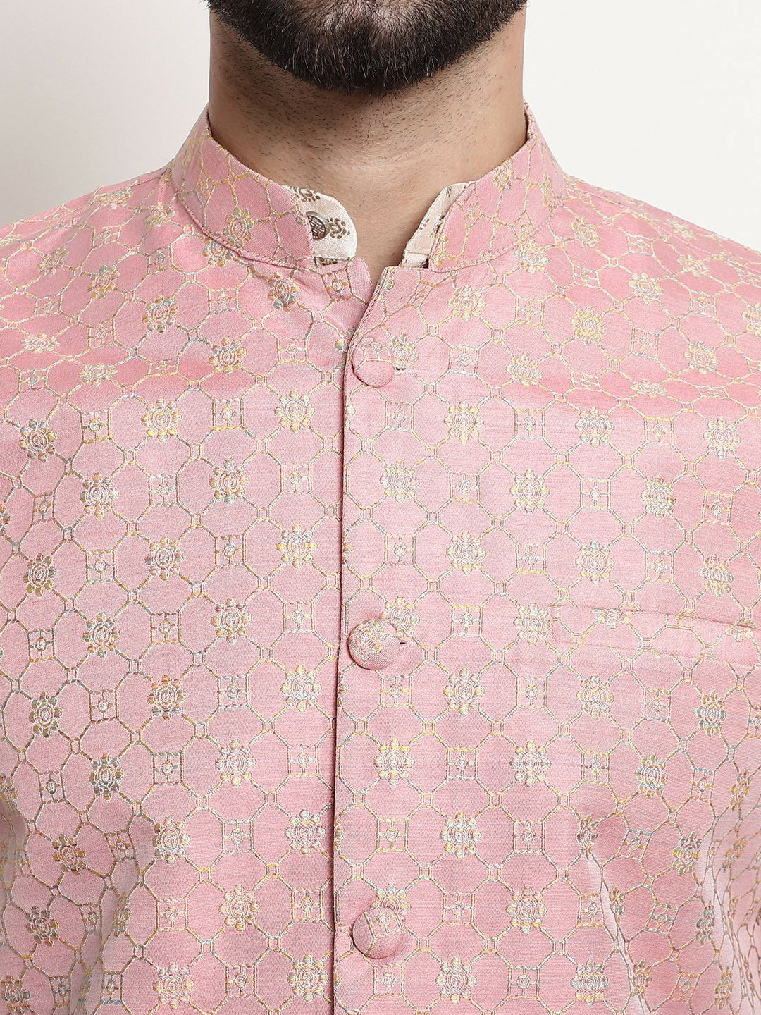 Men’s Beige Ethnic Motifs Woven Kurta Set with Churidar – Traditional Elegance