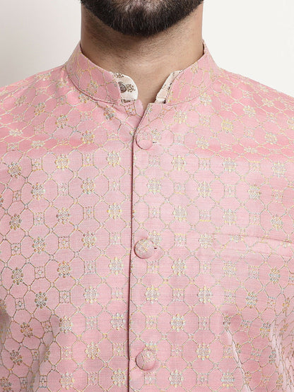 Men’s Beige Ethnic Motifs Woven Kurta Set with Churidar – Traditional Elegance