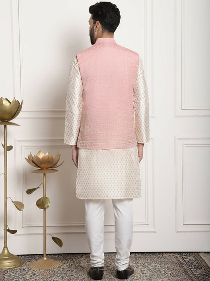 Men’s Beige Ethnic Motifs Woven Kurta Set with Churidar – Traditional Elegance