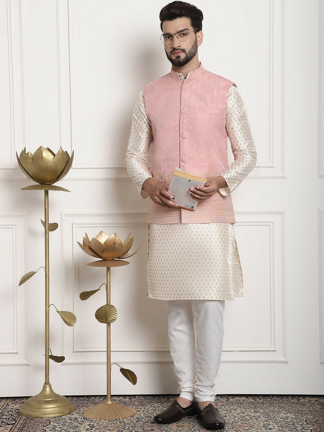 Men’s Beige Ethnic Motifs Woven Kurta Set with Churidar – Traditional Elegance