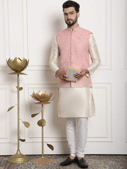 Men’s Beige Ethnic Motifs Woven Kurta Set with Churidar – Traditional Elegance