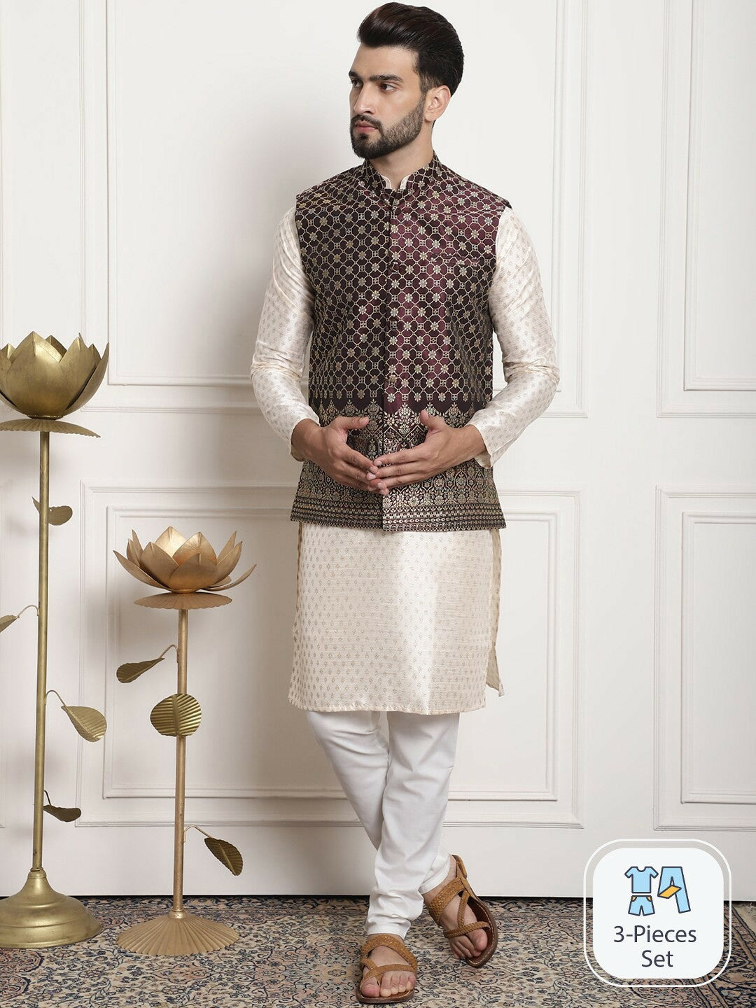 Men’s Festive Charm Paisley Design Kurta Set with Churidar – Elegant Traditional Wear