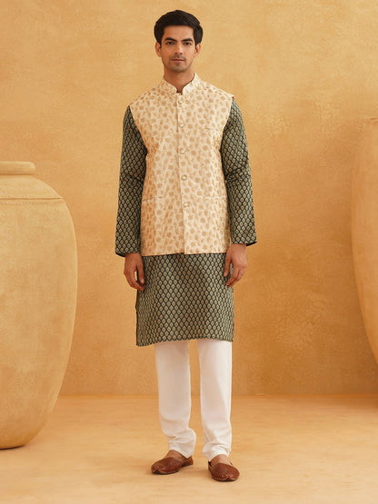 Men's Green Silk Blend Kurta Set with Churidar & Nehru Jacket – Traditional Elegance for Festive Occasions | Indiaista