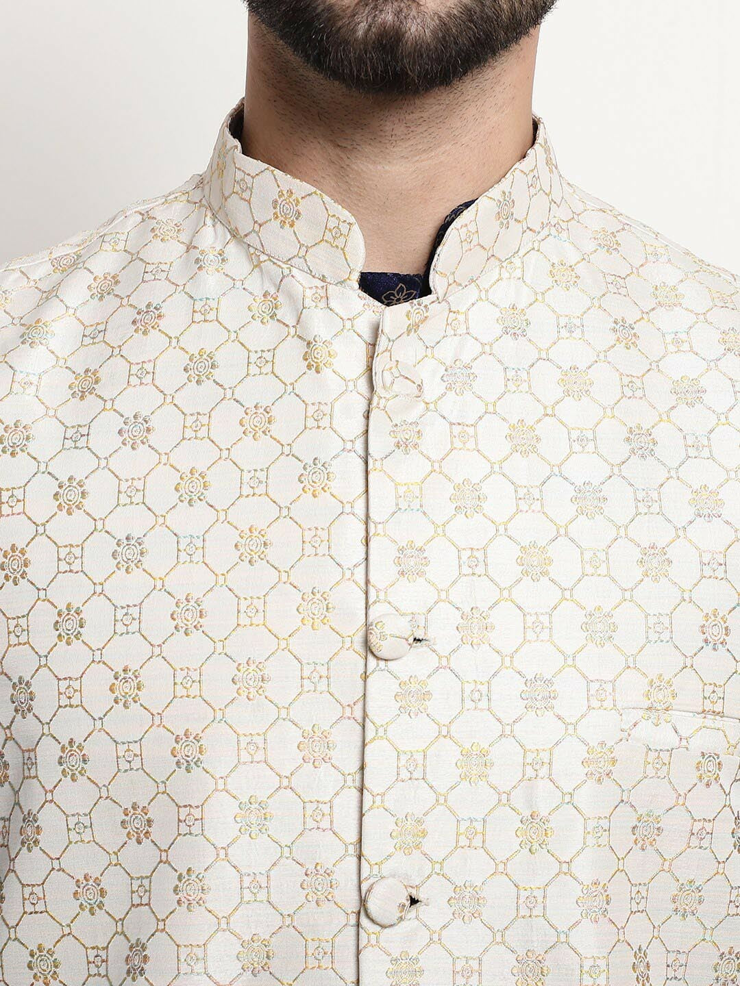 Floral Printed Kurta Set with Churidar & Nehru Jacket for Men | Indiaista