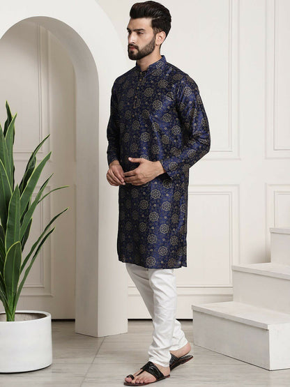 Floral Printed Kurta Set with Churidar & Nehru Jacket for Men | Indiaista