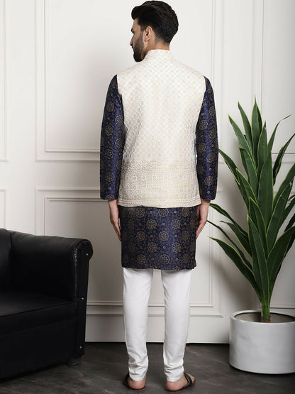 Floral Printed Kurta Set with Churidar & Nehru Jacket for Men | Indiaista