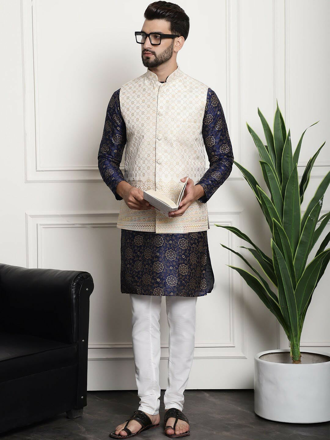 Floral Printed Kurta Set with Churidar & Nehru Jacket for Men | Indiaista