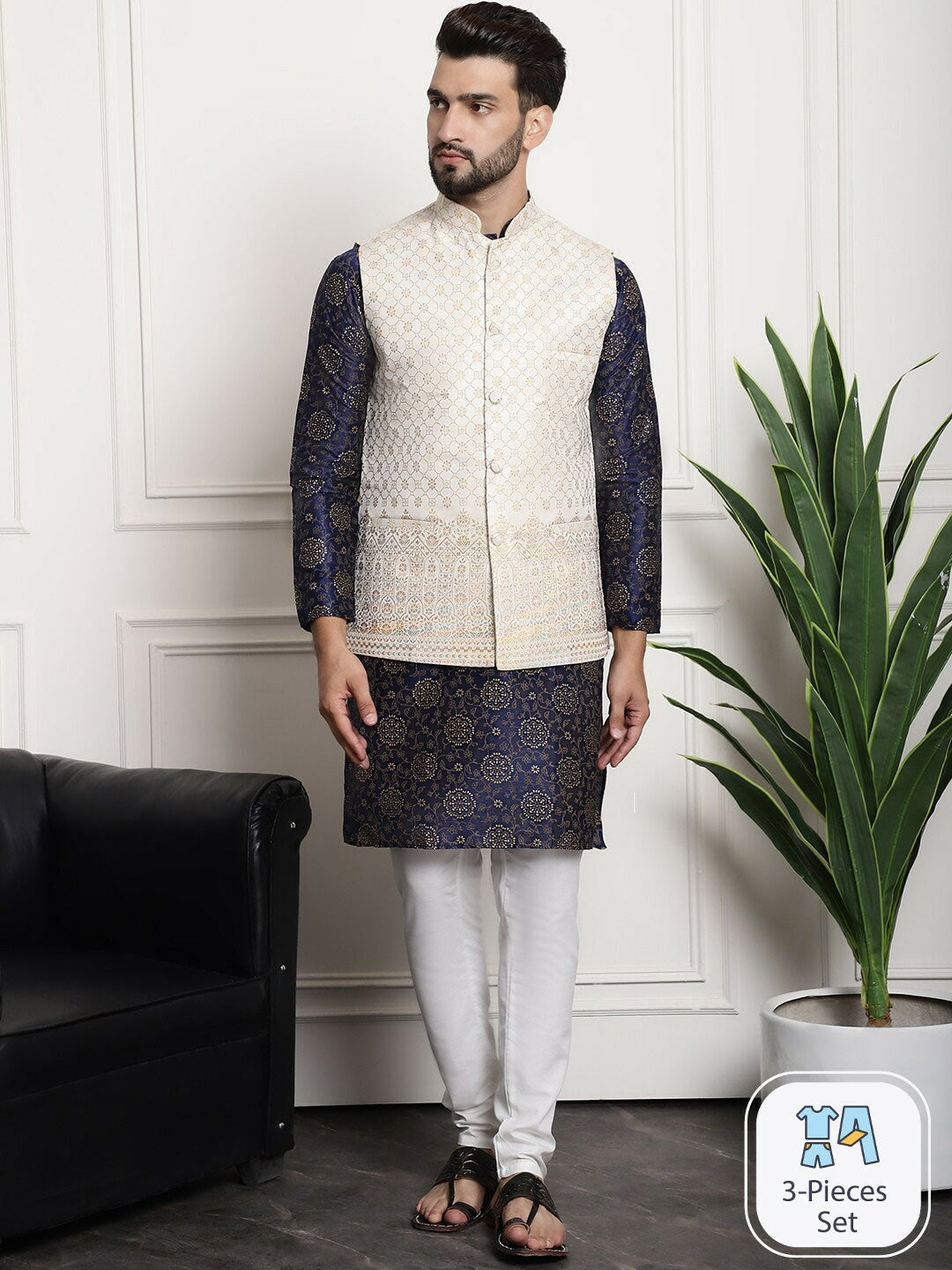 Floral Printed Kurta Set with Churidar & Nehru Jacket for Men | Indiaista