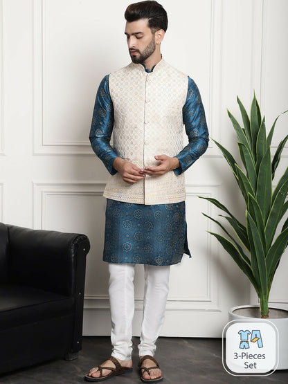 Men’s Floral Printed Straight Kurta Set with Churidar – Traditional Elegance