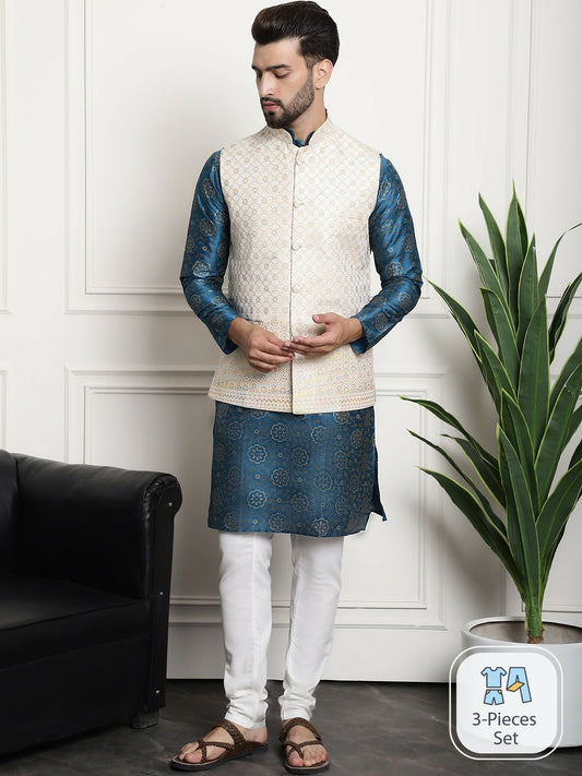 Men’s Floral Printed Straight Kurta Set with Churidar – Traditional Elegance